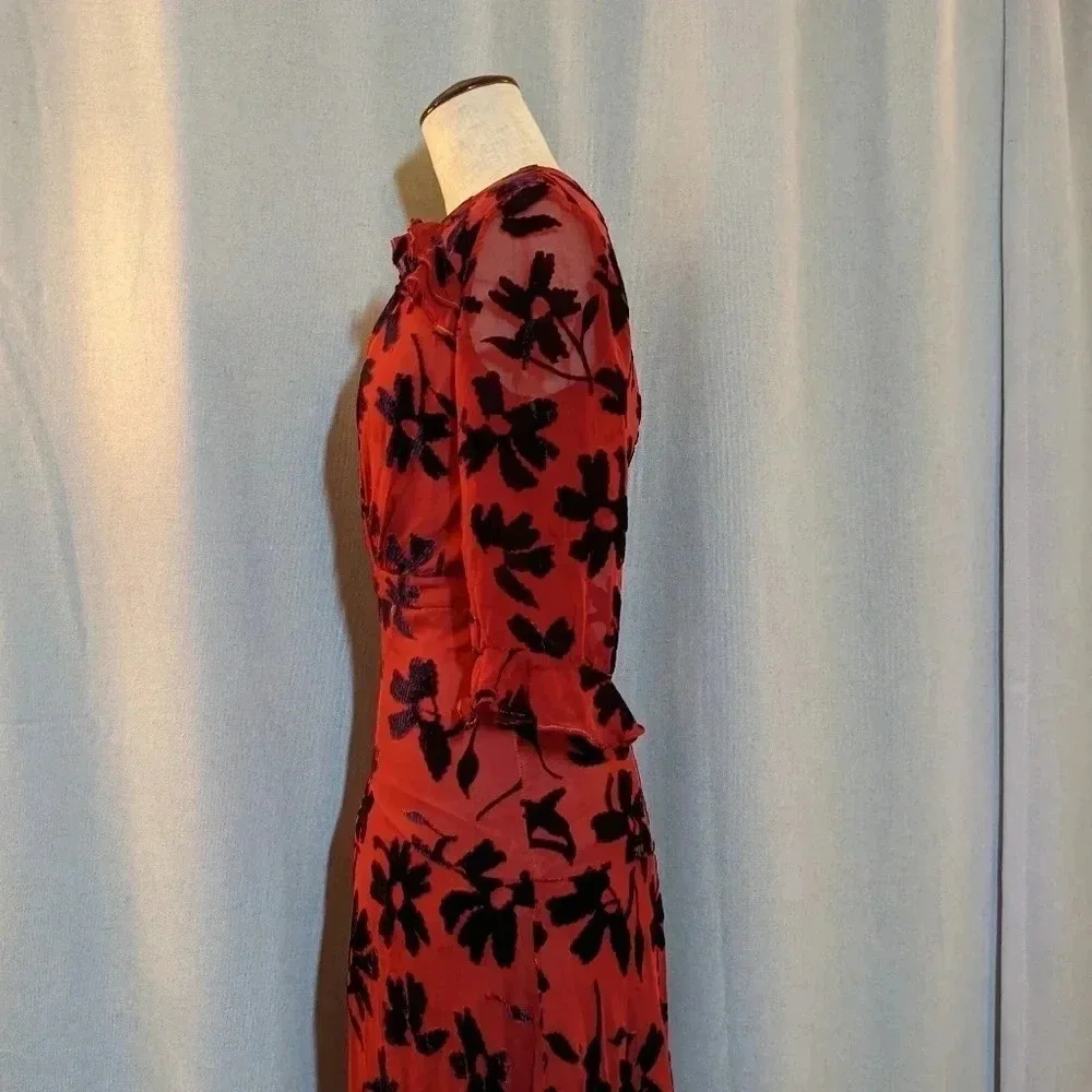 Saloni Red Chiffon V Maxi Dress Black Velvet Flowers Size 2 Edith Devor